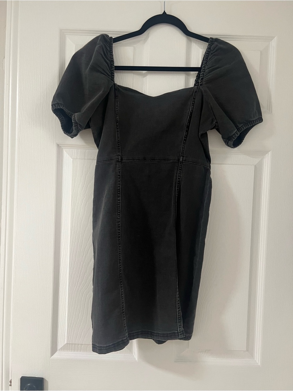 H&M Dark Grey Denim Puff Sleeve Sweetheart-Neck Mini Dress